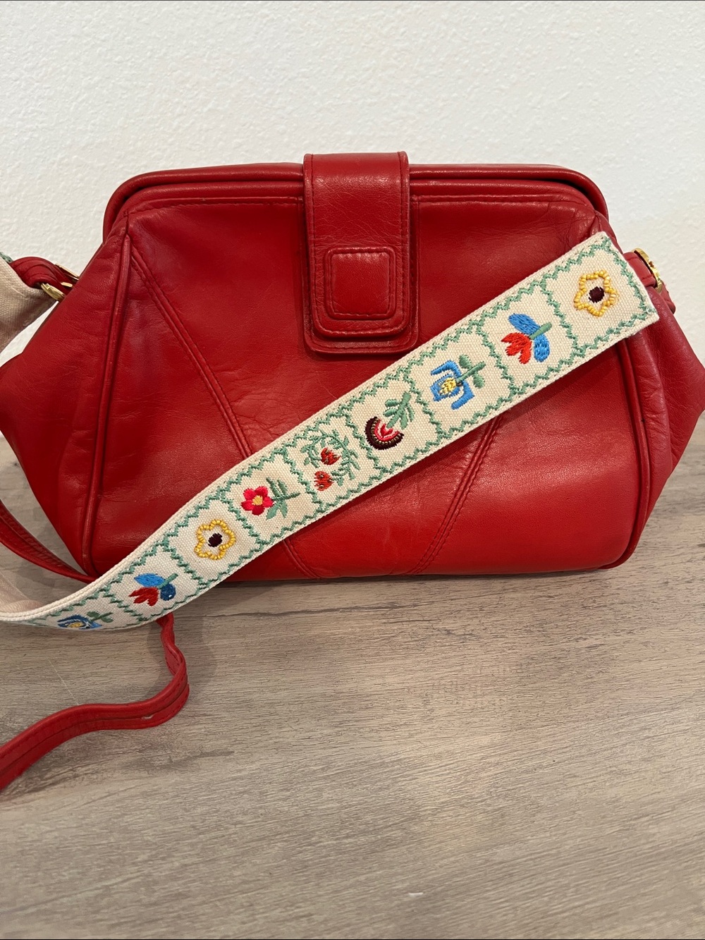 Nordstrom Red Leather Crossbody with Embroidered Floral Strap